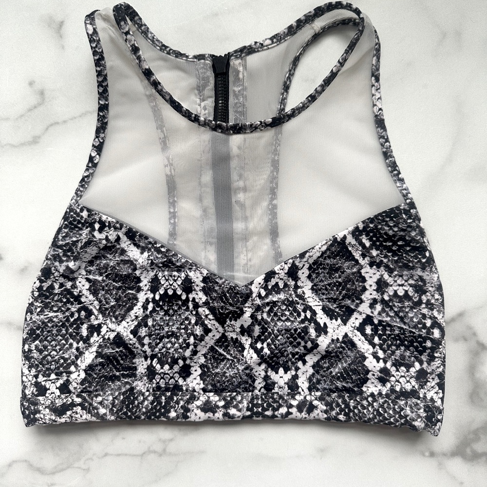 Varley Snake Dee Crop Top High Neck Mesh Zippered Sports Bra Black White XS